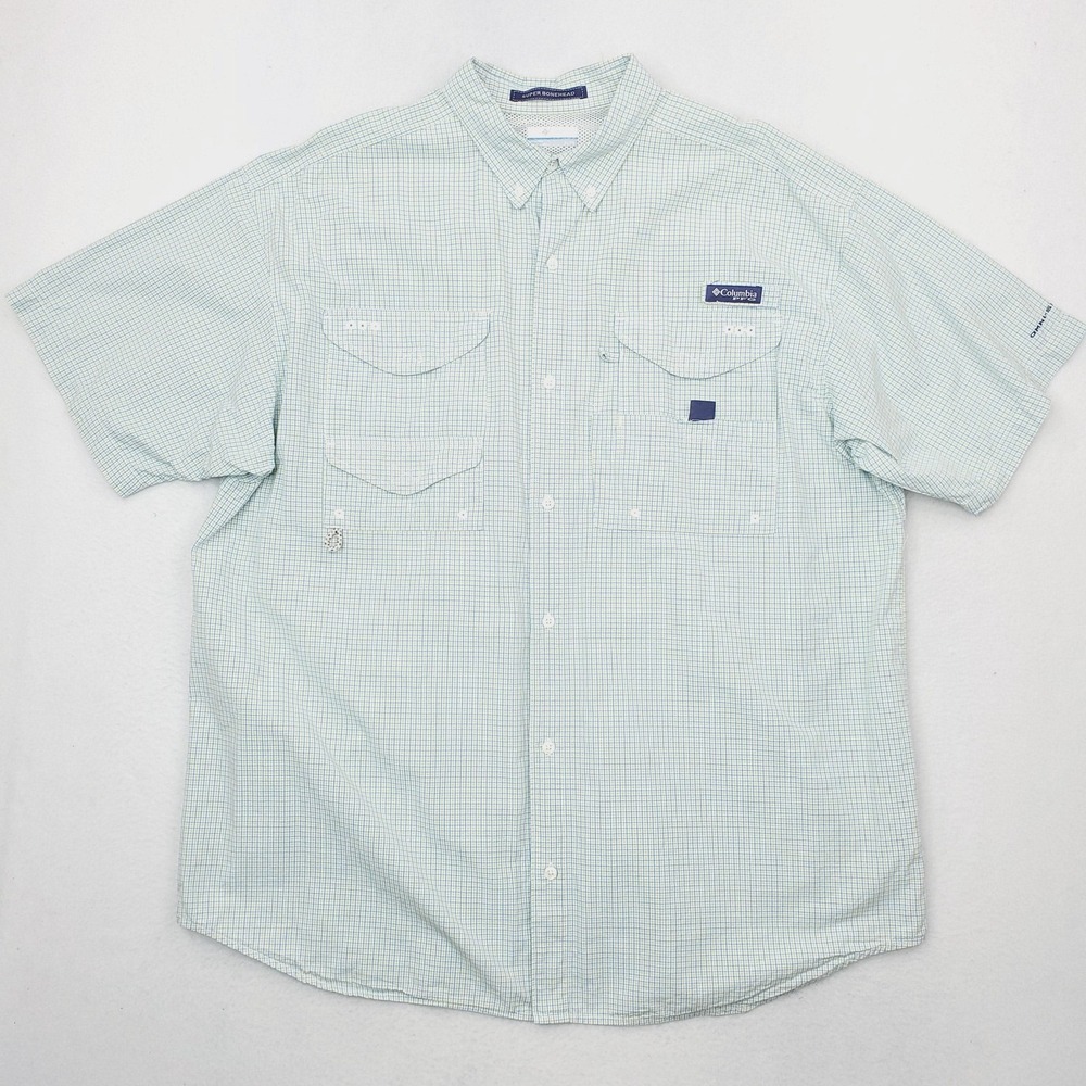 Columbia PFG Super Bonehead Shirt Mens XL Green Check Short Sleeve Fishing